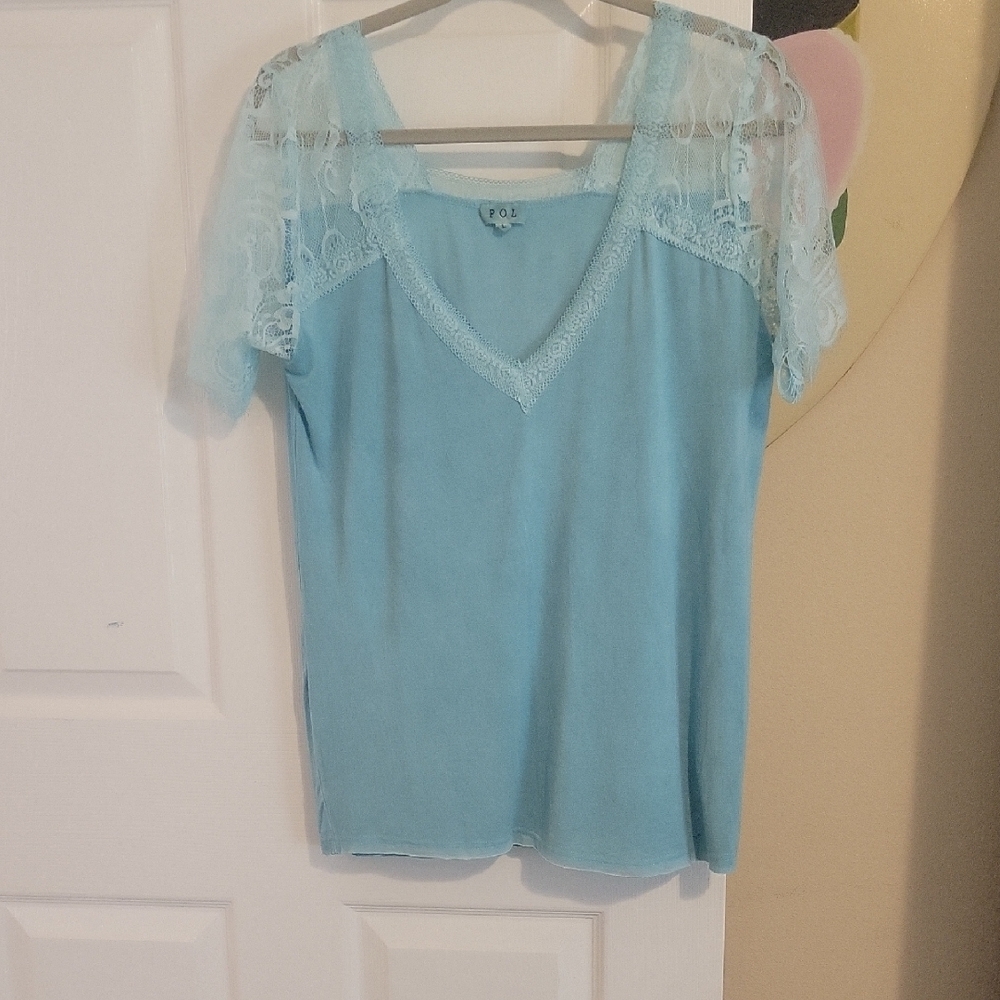 POL Light Blue Lace Sleeve, neckline Women's Top SzLG